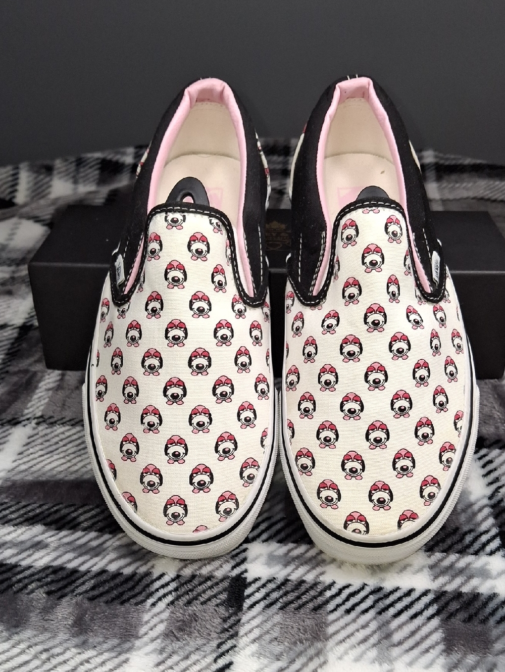 Vintage Vans Slip-On Sneakers in Black, White and Pink Puppy Dog Print